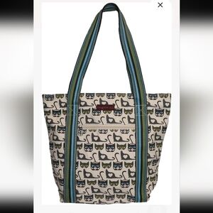 Quirky Cat Pattern Tote Bag with Blue Straps